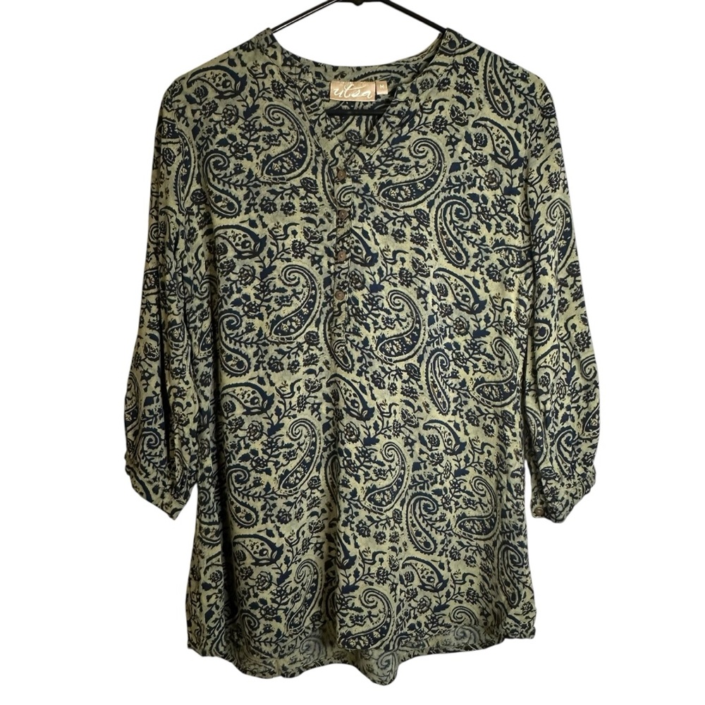 Utsa Boho Paisley Print Green and Black Women's Top Size Medium 100% Viscose‎